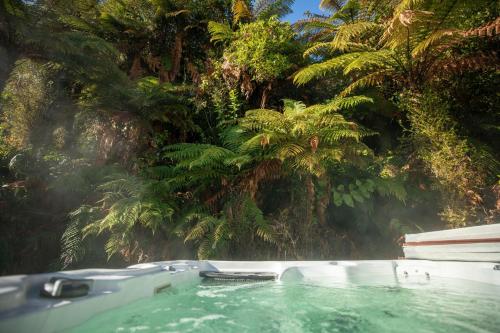 a boat in the water in front of trees at Ivorytowers Accommodation in Fox Glacier