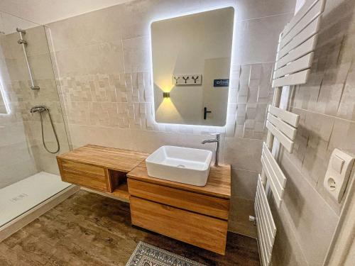 une salle de bain avec un lavabo et un miroir dans l'établissement Villa 7 chambres à Belz avec WiFi, animaux acceptés - FR-1-479-177, à Belz