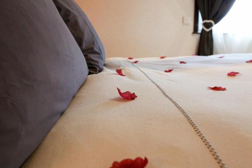 a bed with red rose petals on it at La Maisonnette Enchantée in Prez-vers-Siviriez