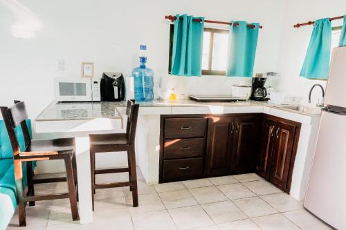 a kitchen with a sink and a table and a refrigerator at Ocean's Breeze Apartment and Rooms in Puerto Viejo