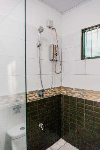 a bathroom with a glass shower with a toilet at Ocean's Breeze Apartment and Rooms in Puerto Viejo