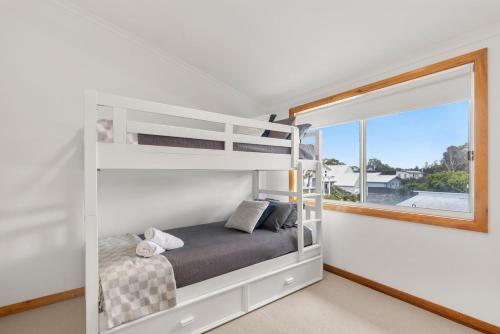 Un dormitorio con literas y una ventana. en Sandlewood Breeze - Pet Friendly - Community Pool, en Callala Beach
