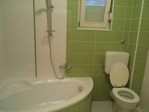 a green tiled bathroom with a toilet and a tub at Apartment Ugljanski gusari - Two Bedroom Apartment with Balcony and Sea view in Ugljan