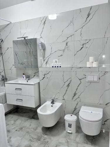 a bathroom with a sink toilet and a mirror at Cozy Unique Penthouses with Terrace and Suceava Magic View in Suceava