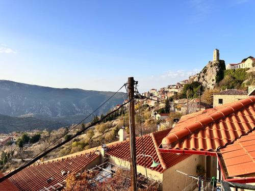 a view of a town with houses on a hill at Pandoras House Arachova in Arachova