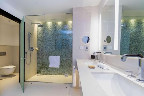 a bathroom with a shower and a sink and a toilet at Hilton Tangier Al Houara Resort & Spa in Al Houara