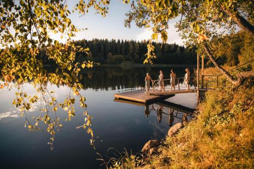 a group of people standing on a dock over a lake at Lakeside Villa next to Nuuksio National Park, in addition Hot Tub and Breakfast in Otalampi