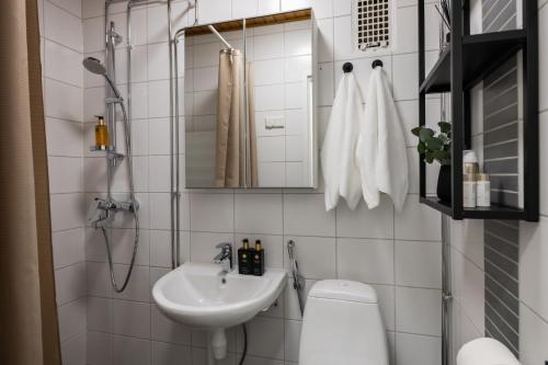 a small bathroom with a sink and a toilet at Santa's Luxury City Apartment 3 in Rovaniemi