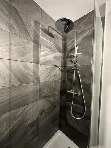 une salle de bain avec une douche avec une porte vitrée dans l'établissement Studio calme proche de Lyon avec parking privé, à La Mulatière