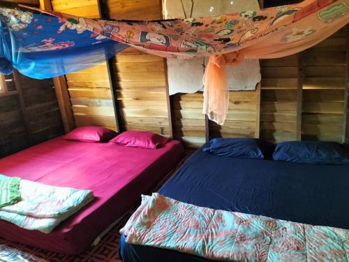two beds in a room with wooden walls at Mama Pap - Tad Lo in Ban Donkhagnoung