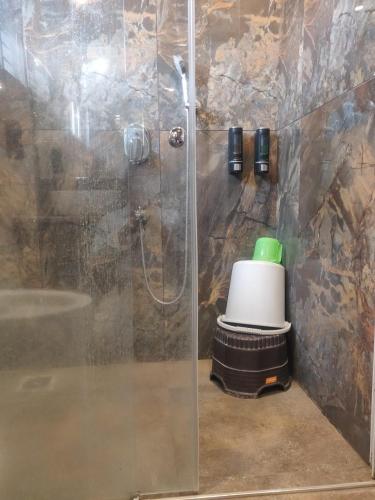 a bathroom with a shower with a green and white blender at Olivia Resort and Spa a unit of Falgu Resorts Pvt Ltd in Kolār