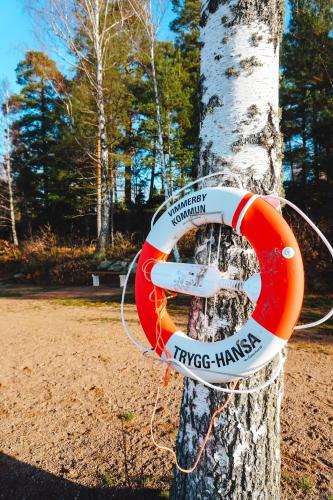 a life preserver on a tree in a park at Vimmerby Camping in Vimmerby
