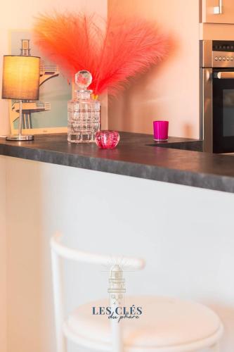 - un comptoir de cuisine avec une plume rouge dans l'établissement Le Grand Large Studio face mer, à Le Touquet-Paris-Plage