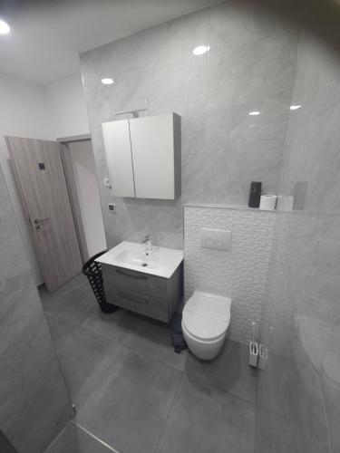 a bathroom with a white toilet and a sink at Villa AS MOON with pool in Split