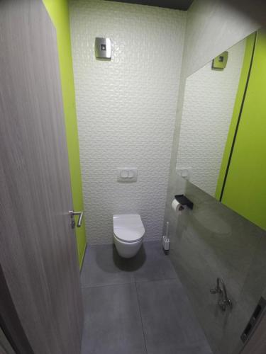 a bathroom with a toilet and green and white walls at Villa AS MOON with pool in Split