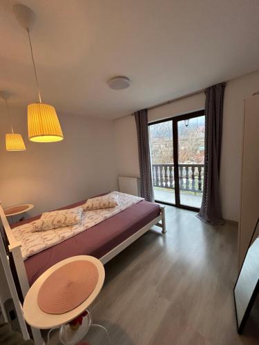una camera da letto con un letto, un tavolo e una finestra di Moolys place a Buşteni