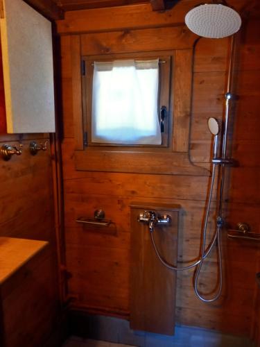 a bathroom with a shower with a window and a curtain at Ναϊάδες in Synikia Mesi Trikalon