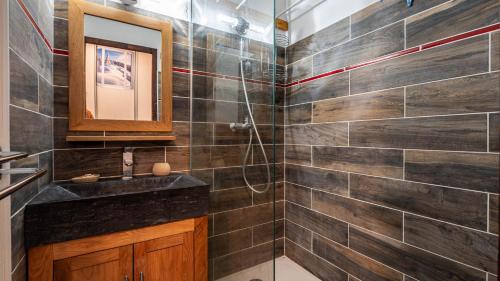 une salle de bain avec un lavabo et une douche dans l'établissement Grand Morillon 212 - 2P5, à Morillon