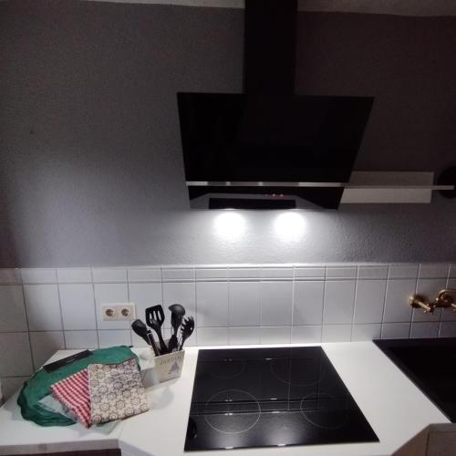 a kitchen with a counter with a sink and a stove at Le petit Charme - Wohnen in einer historischen Villa in Suhl