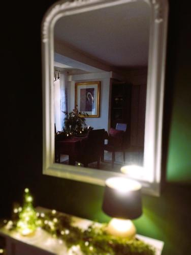 a mirror reflecting a room with a table and a lamp at Le petit Charme - Wohnen in einer historischen Villa in Suhl