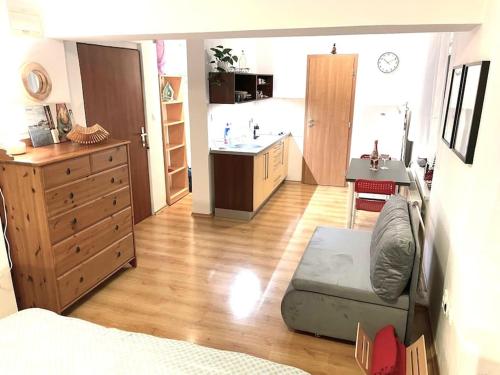 Una sala de estar con un sofá y una cocina. en Stylish home in the Old Town, en Staré Mesto