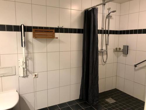 a bathroom with a shower with a toilet and a sink at Akademihotellet in Uppsala