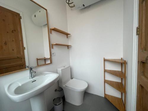 Un baño con lavabo, inodoro y espejo. en Barcelona Besos Apartment 15' to Plaza Cataluña, en Sant Adrià de Besòs