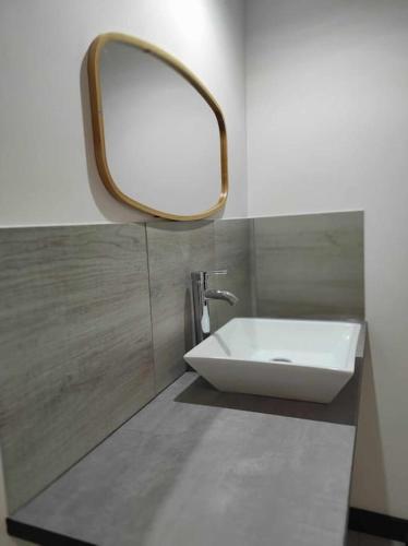 une salle de bain avec un lavabo blanc et un miroir dans l'établissement Gîte Brin d'Olivier 2 chambres, à Bougneau