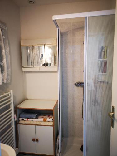 une douche avec une porte vitrée dans une salle de bain dans l'établissement Maison Ker Pica, au Croisic