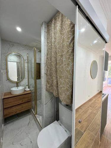 une salle de bain avec toilettes, lavabo et miroir dans l'établissement A la ciotat très beau studio vue mer 28m2 climatisé Horizons Marins, à La Ciotat