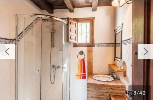a bathroom with a shower and a sink at Charming House with Pool in El Borge in Borge