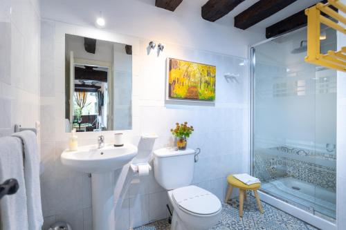 un bagno con wc, lavandino e doccia di Apartamentos Río Cubo a Cosgaya