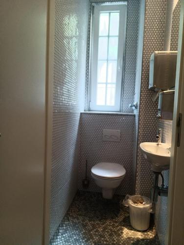 a bathroom with a toilet and a sink and a window at Pension Urbanstraße 46 in Stuttgart