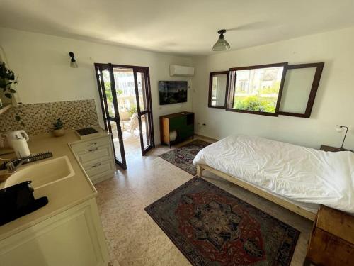 Jaffa Rooftop Studio with Sea Views في تل أبيب: غرفة نوم فيها سرير ومغسلة