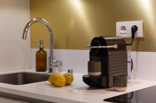 a coffee maker on a kitchen counter with oranges at Charmant Appart, terrasse verdoyante, proche Paris in Saint-Maur-des-Fossés