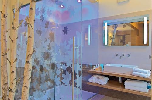 a bathroom with a shower with a sink and a mirror at Il Piccolo Dolomiti Resort in Andalo