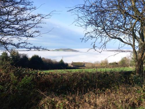 a field with a view of a foggy field at The Bungalow, Forest of Dean in Coleford