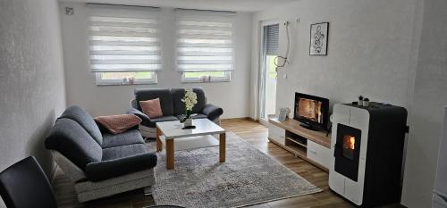 a living room with a couch and a fireplace at Apartman Deny in Sanski most
