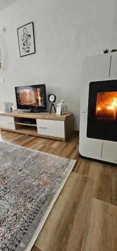 a living room with a television and a fireplace at Apartman Deny in Sanski most