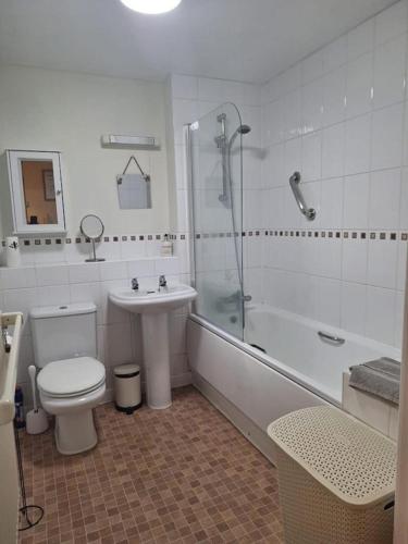 a bathroom with a toilet and a sink and a shower at Stratford-upon-Avon 1-Bed Sleeps 4 Pets Allowed in Stratford-upon-Avon