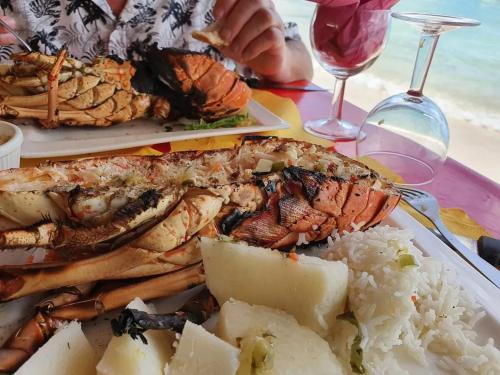 a plate of food with seafood and rice on a table at Appartement confortable avec vue sur la mer in Gros-Morne