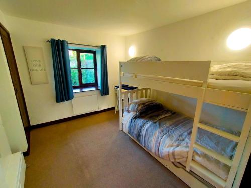 ペンザンスにあるThe Long Barn for Families Walker Pets & Workersの二段ベッド2台と窓のある寝室