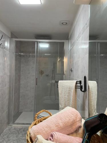 a bathroom with a shower and a basket with towels at Domus Gaia in Rome