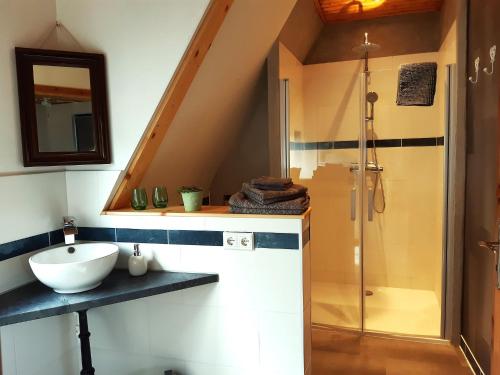 a bathroom with a sink and a shower at Ferienhaus WeserLiebe in Bodenwerder