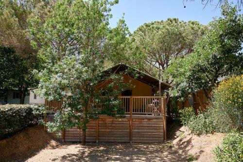 une maison avec une porte et des arbres devant elle dans l'établissement Glamping Frejus, à Roquebrune-sur Argens