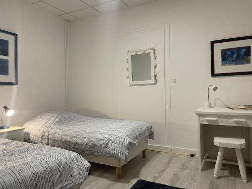 Appartement dans un vignoble في Chindrieux: غرفة نوم بها سريرين ومكتب ومرآة