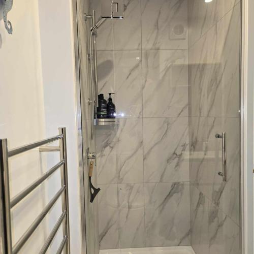 a bathroom with a shower with a glass door at Pats CBD Studio in Christchurch