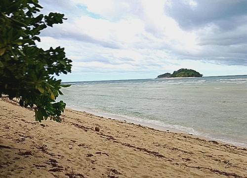 a sandy beach with an island in the ocean at DANG dang Balbago Beach in El Nido