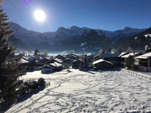 a snow covered village with mountains in the background at Apartment Turmalin 2- Stock by Interhome in Lenk