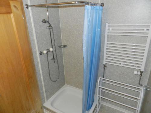 a shower with a blue shower curtain in a bathroom at Apartment Guex by Interhome in Hornkessel